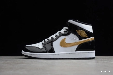 Air 852542-007 Jordan 1 Mid Black White Patent Gold 1028